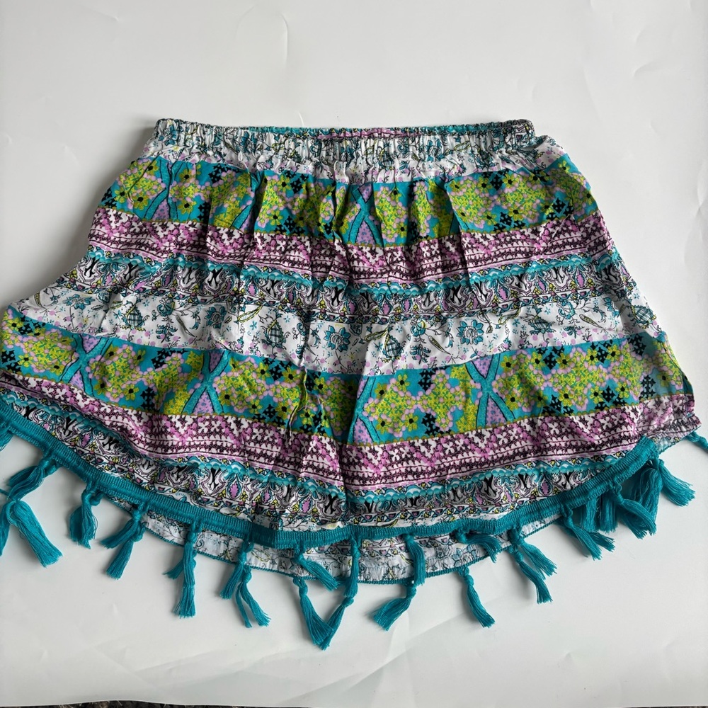 Victoria’s Secret Tassel Beach Cover Up Mini Skirt Blue Boho Floral Sz XS